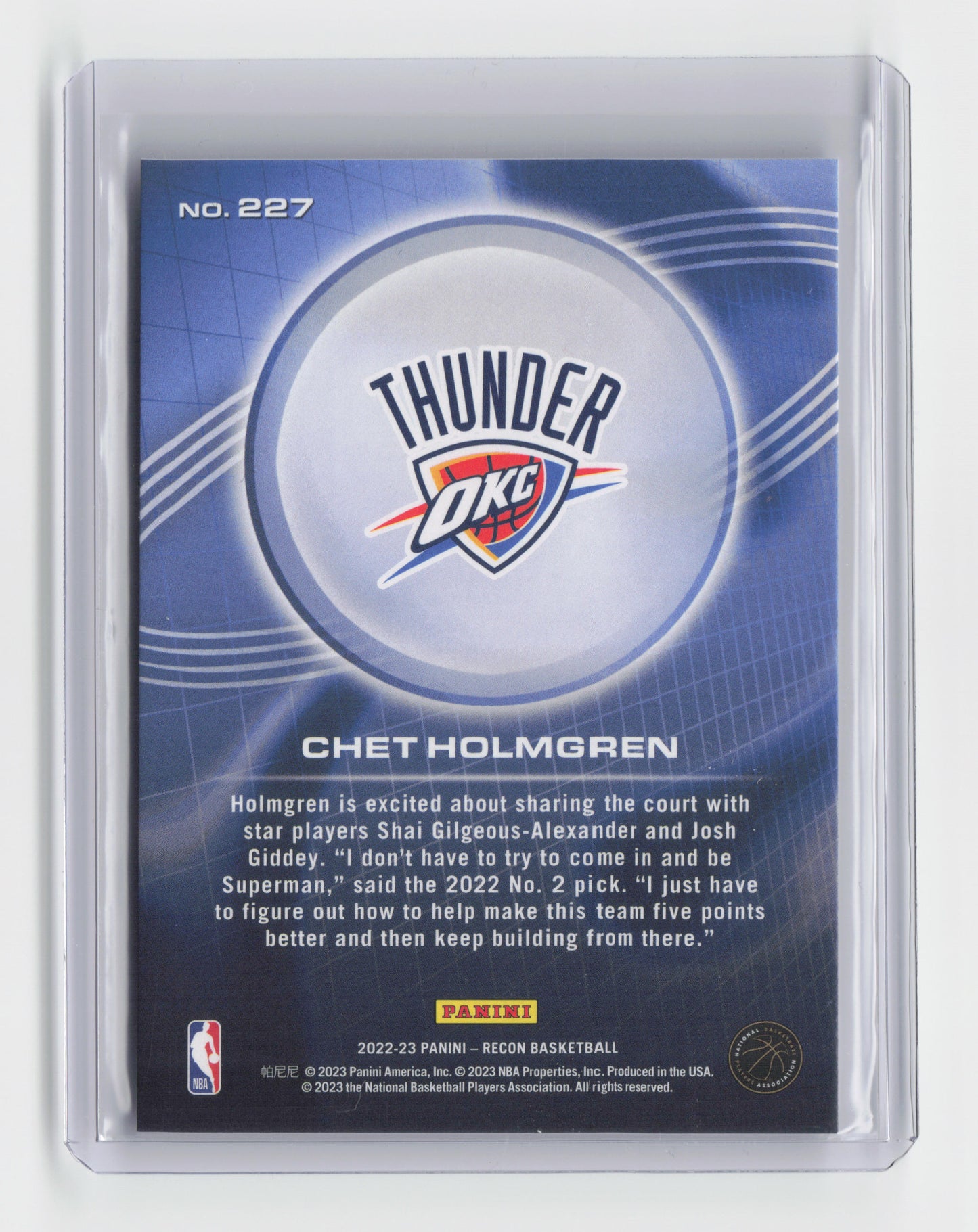 2022-23 CHET HOLMGREN - Rookie Base - Recon - OKC #227