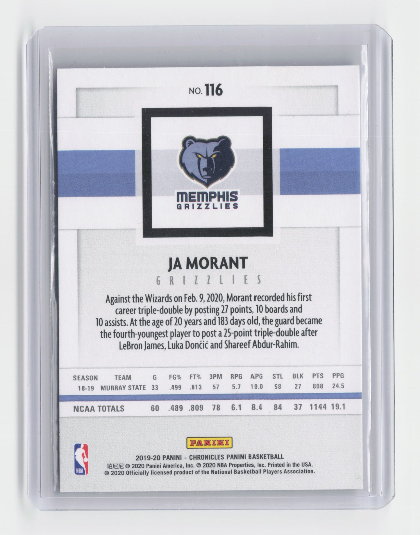 2019-20 - JA MORANT - Rookie Young Dolph - Chronicles - Grizzlies #116
