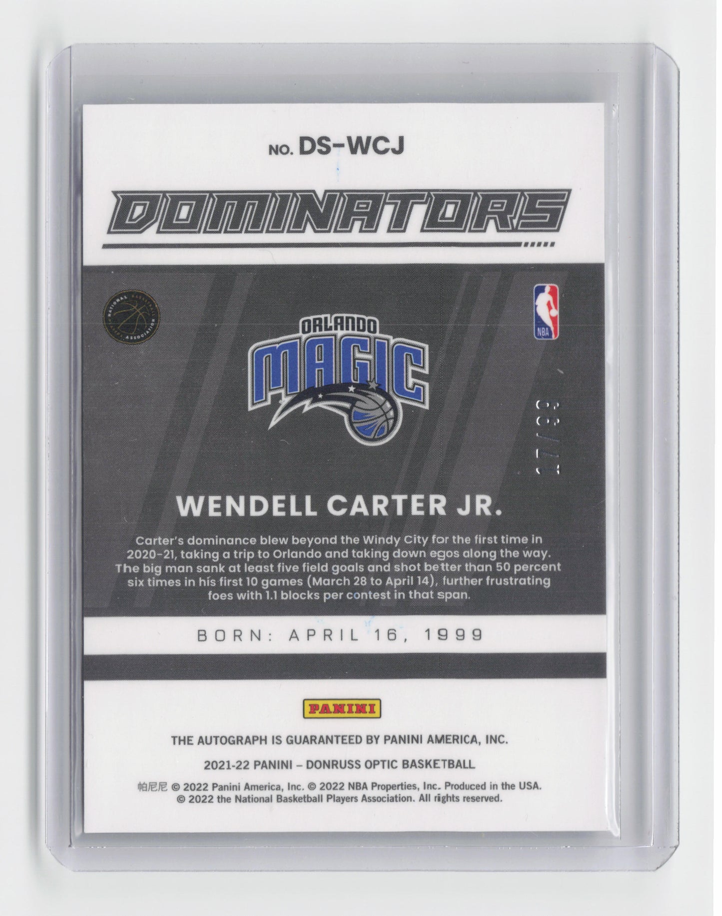 2021-22 - WENDELL CARTER JR. - Dominators Autograph 17/99 - Optic - Magic
