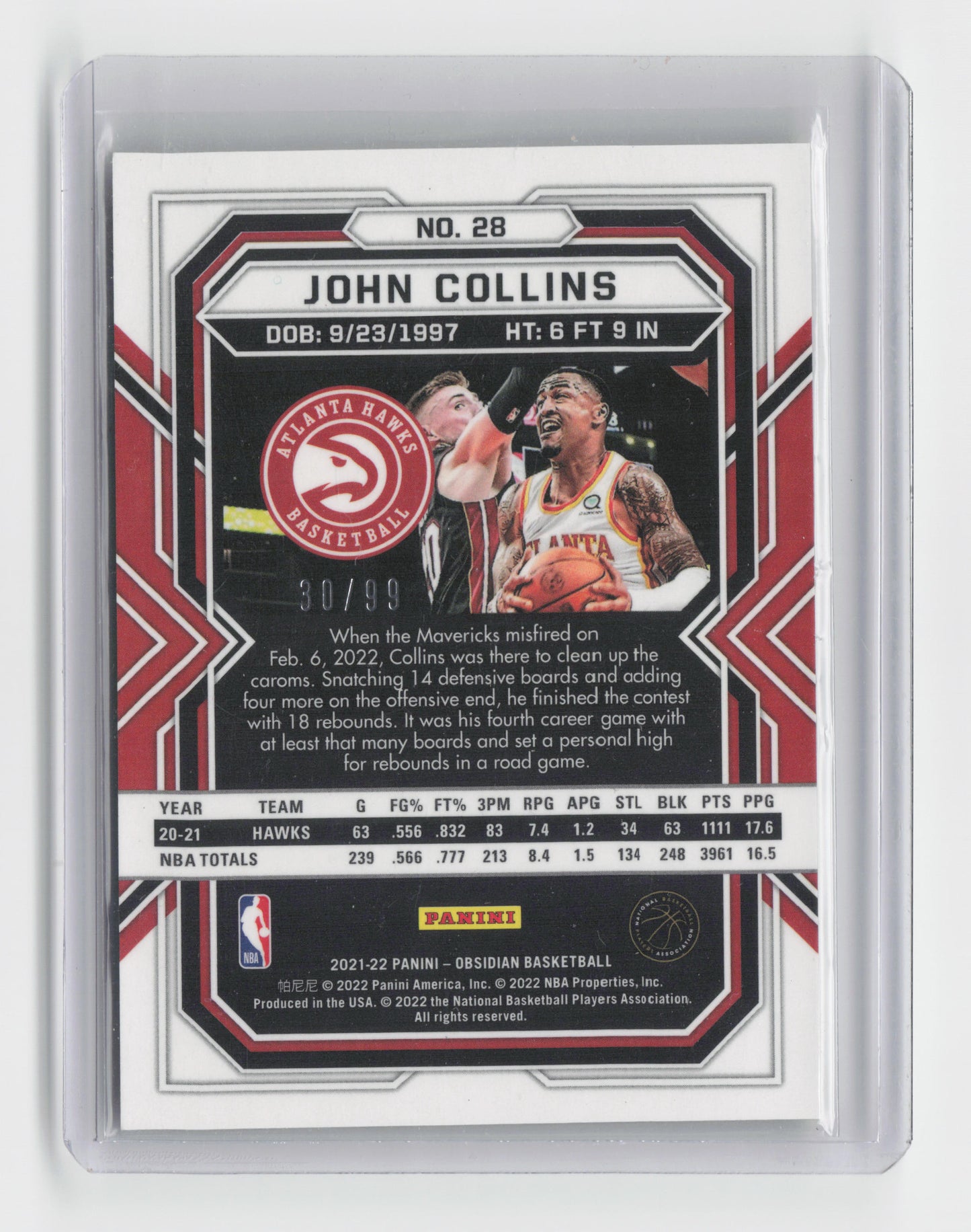 2021-22 - JOHN COLLINS - Red and Green 30/99 - Obsidian - Hawks #28