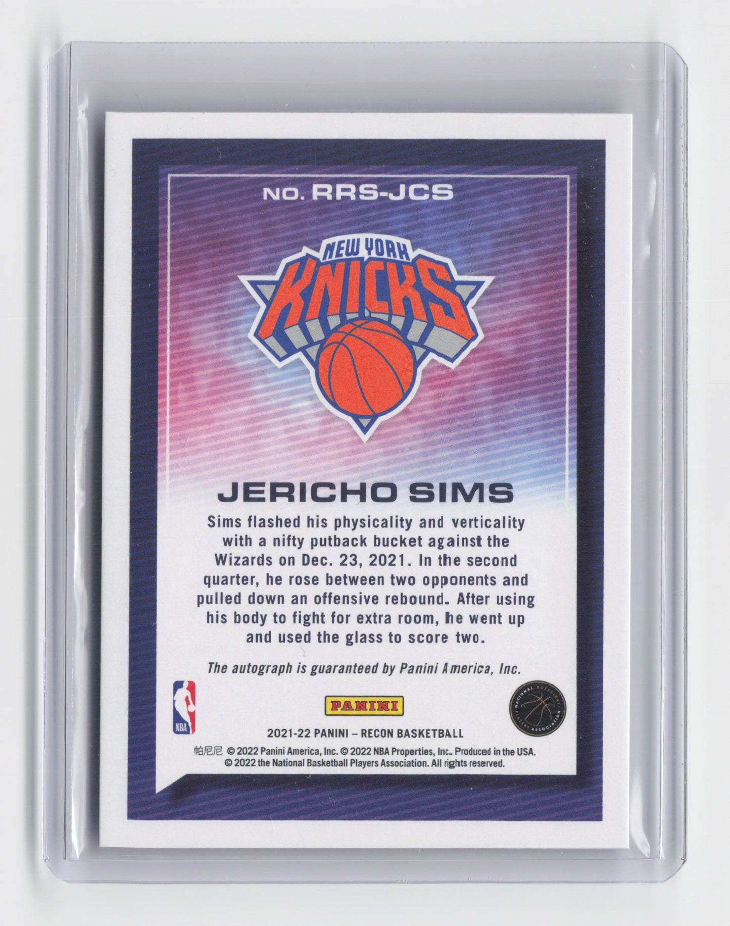 2021-22 JERICHO SIMS - Rookie Autograph - Recon - Knicks