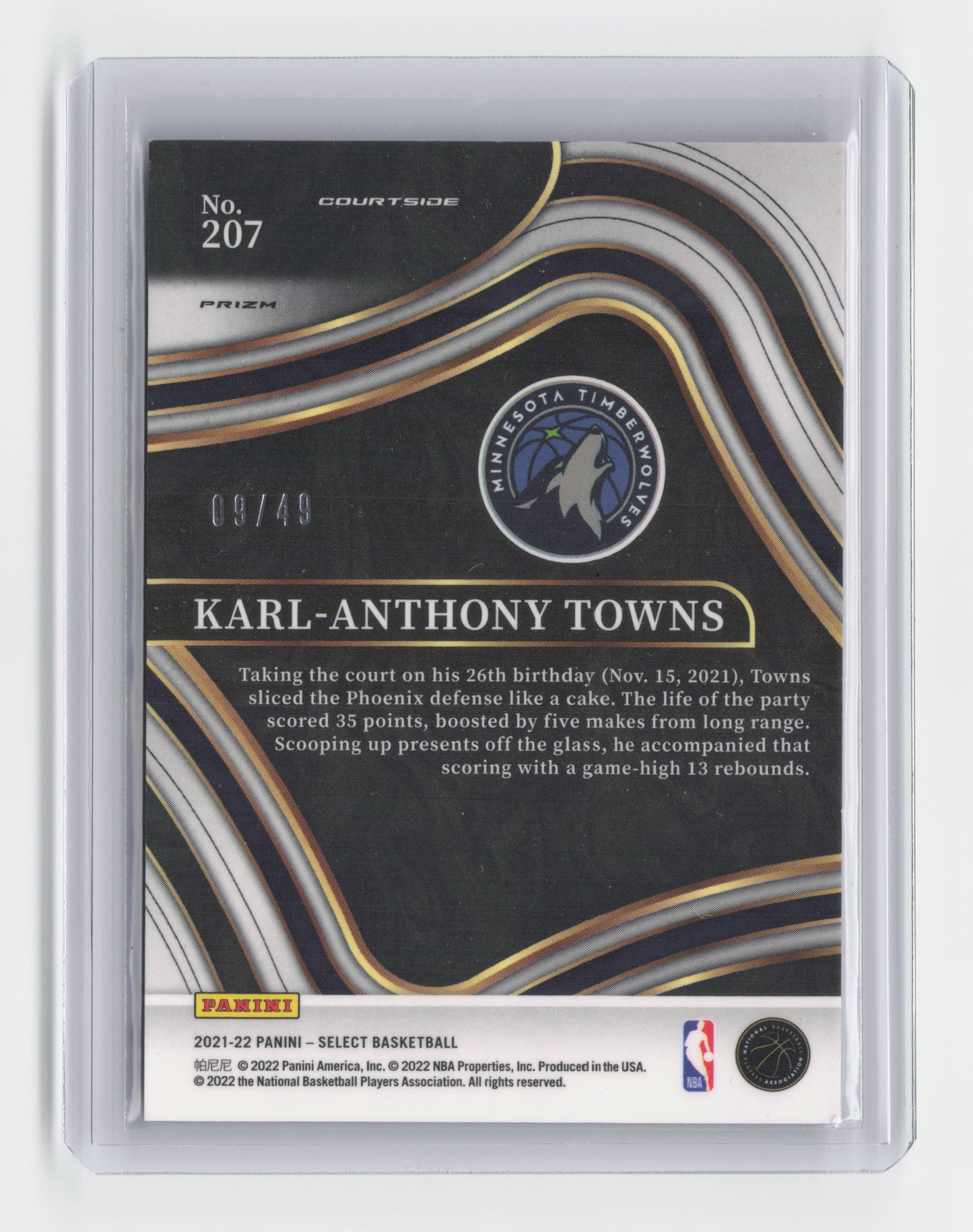 2021-22 - KARL-ANTHONY TOWNS Red Courtside 9/49 Select Timberwolves #207