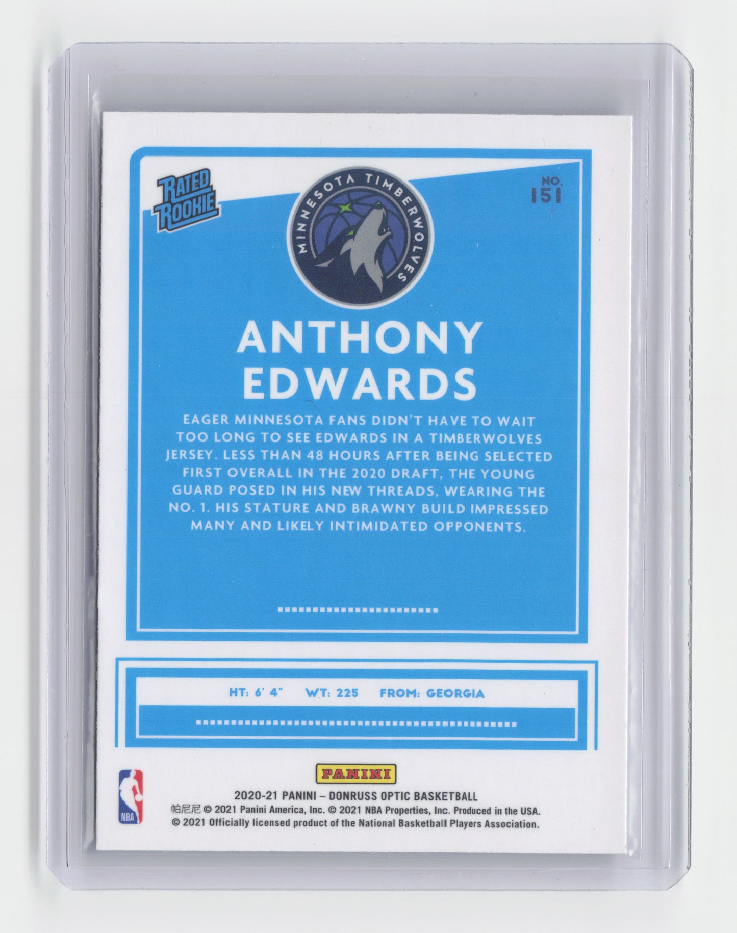 2020-21 - ANTHONY EDWARDS Rated Rookie Donruss Optic Timberwolves #151