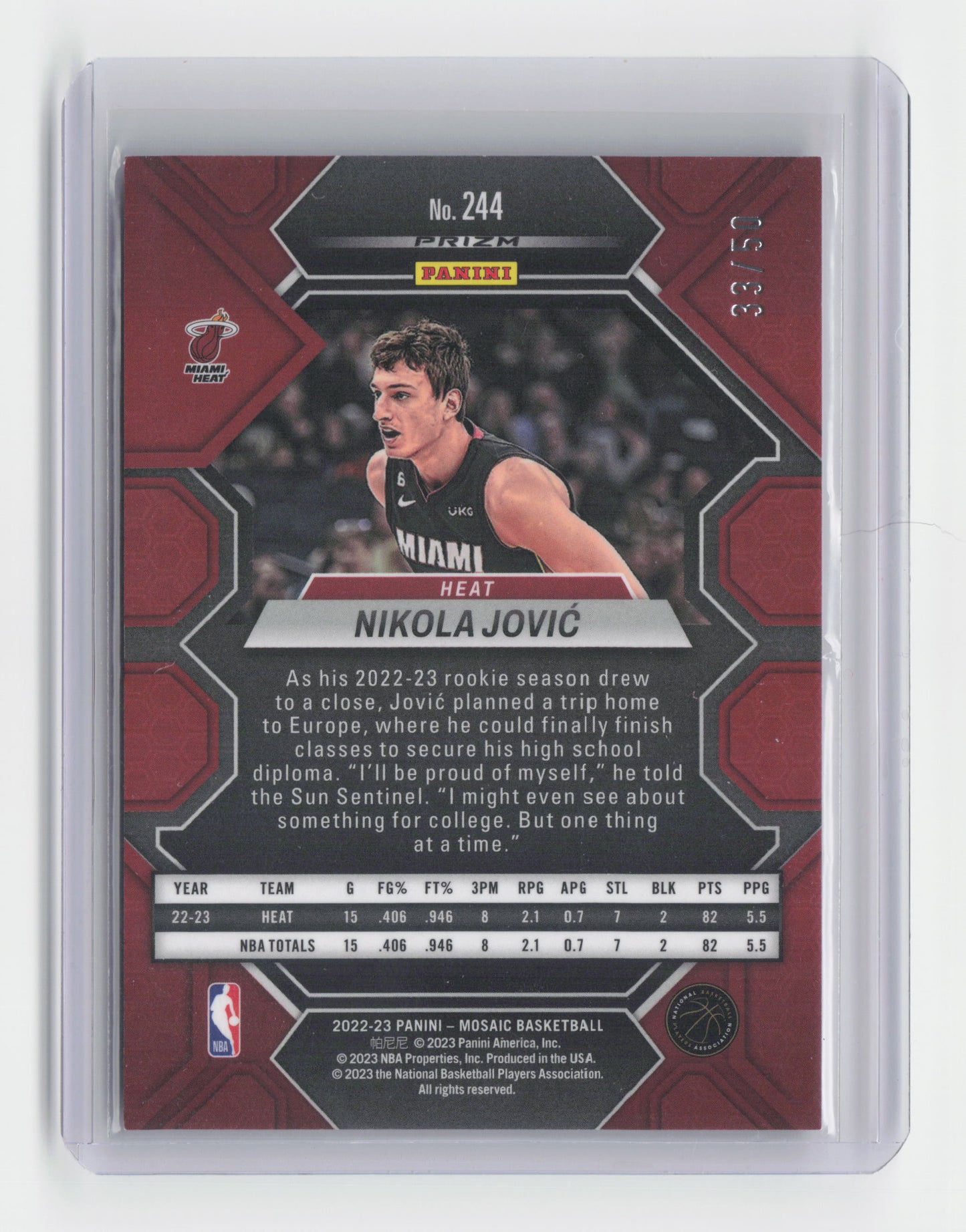 2022-23 - NIKOLA JOVIC - Purple Rookie Fast Break 33/50 - Mosaic - Heat #244
