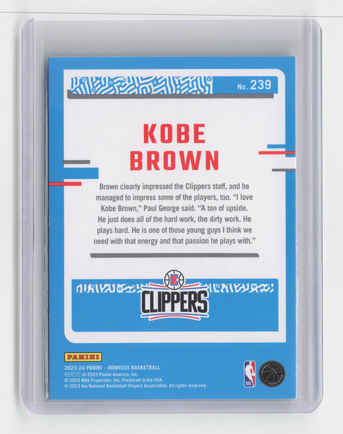 2023-24 - KOBE BROWN - Silver Rated Rookie - Donruss Choice - Clippers #239