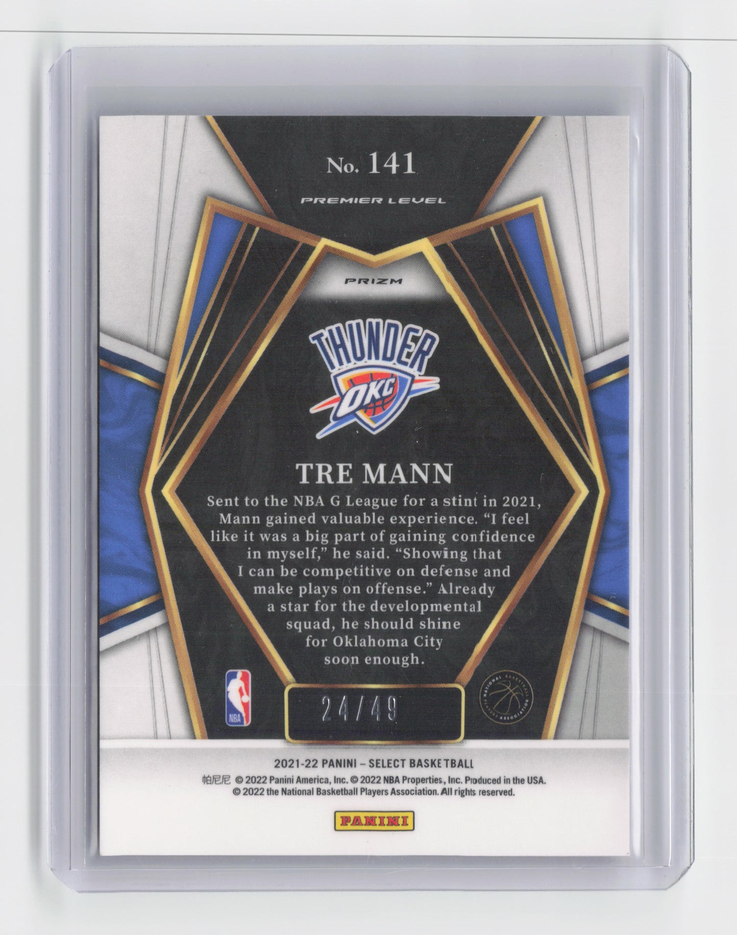 2021-22 - TRE MANN - Rookie Premier Level Green, Blue Pink - Select - OKC #141