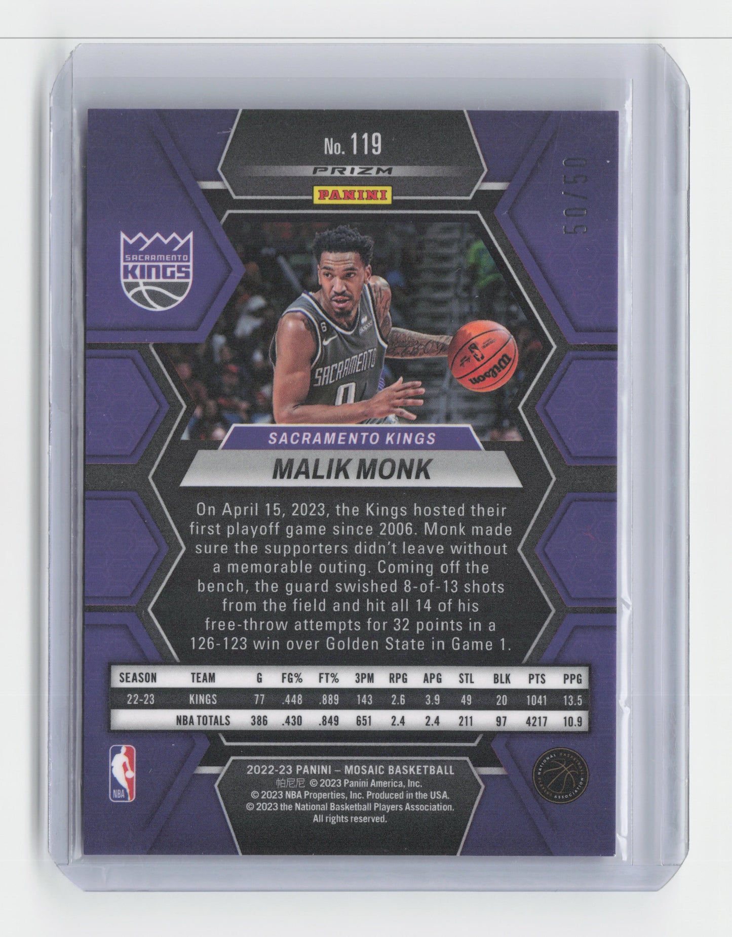 2022-23 - MALIK MONK - Purple Fast Break Boookend 50/50 - Mosaic - Kings #119
