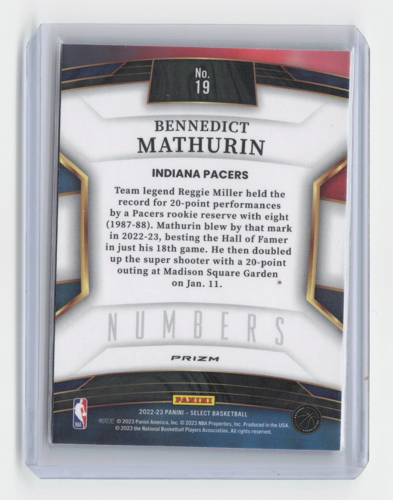 2022-23 BENNEDICT MATHURIN Rookie Numbers Green Insert - Select Pacers- #19