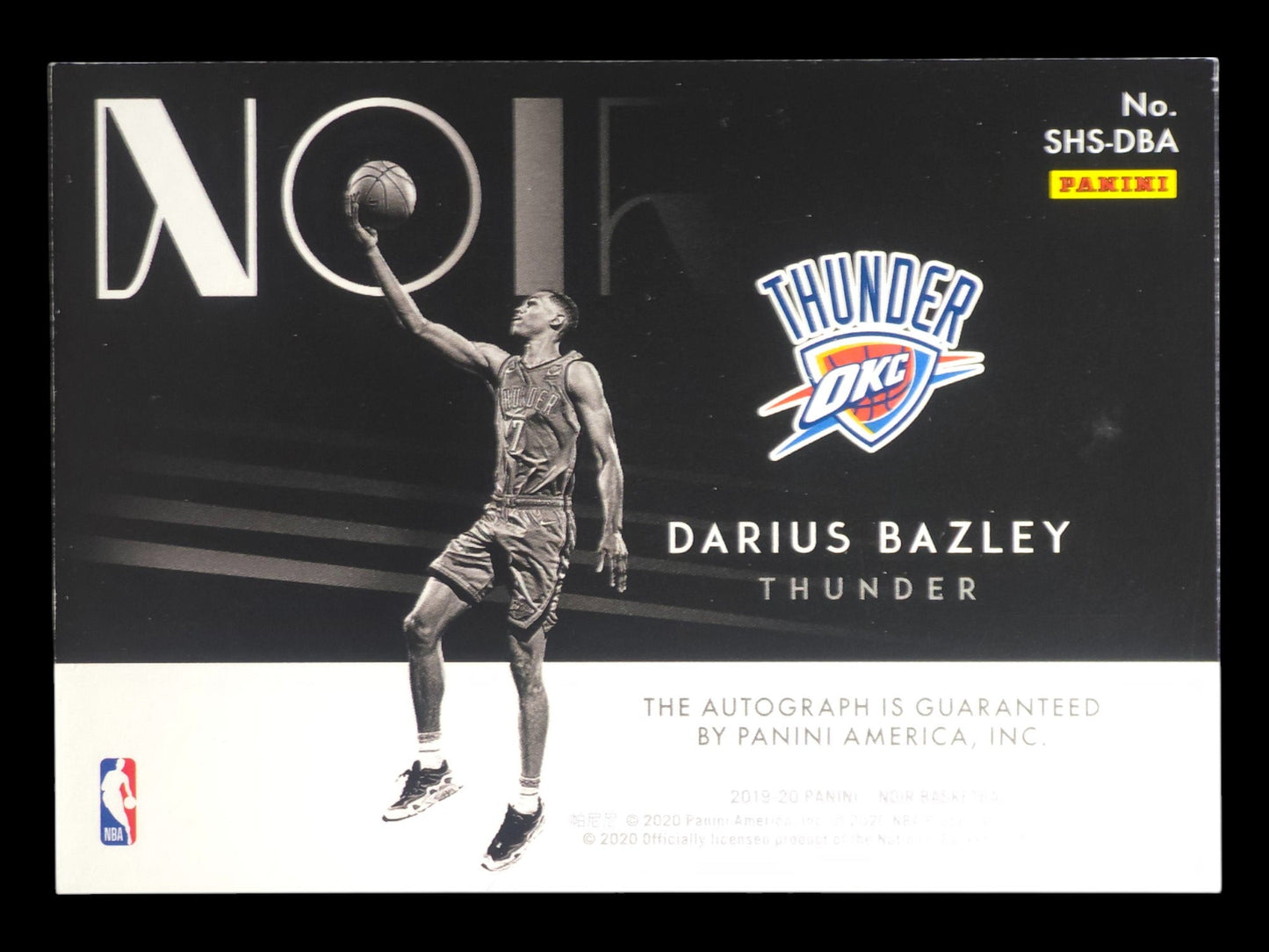 2019-20 DARIUS BAZLEY Rookie On Card Auto 49/99 Noir OKC SHS-DBA