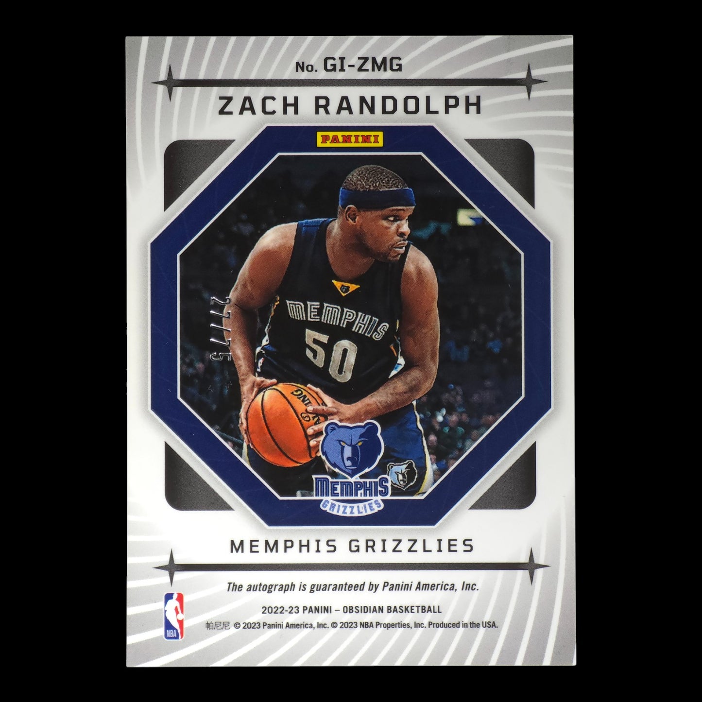 2022-23 ZACH RANDOLPH  Galaxy Auto 27/75 Obsidian Grizzlies GI-ZMG