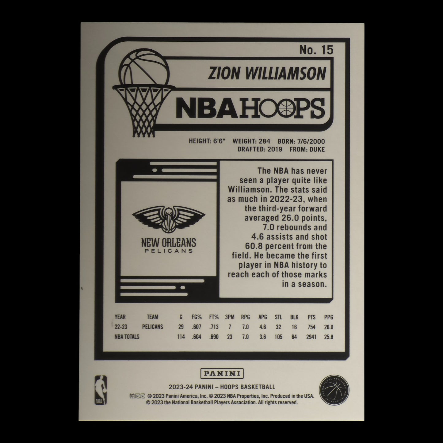 2023-24 ZION WILLIAMSON Silver 87/199 Hoops Pelicans #15
