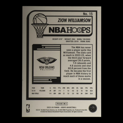 2023-24 ZION WILLIAMSON Silver 87/199 Hoops Pelicans #15