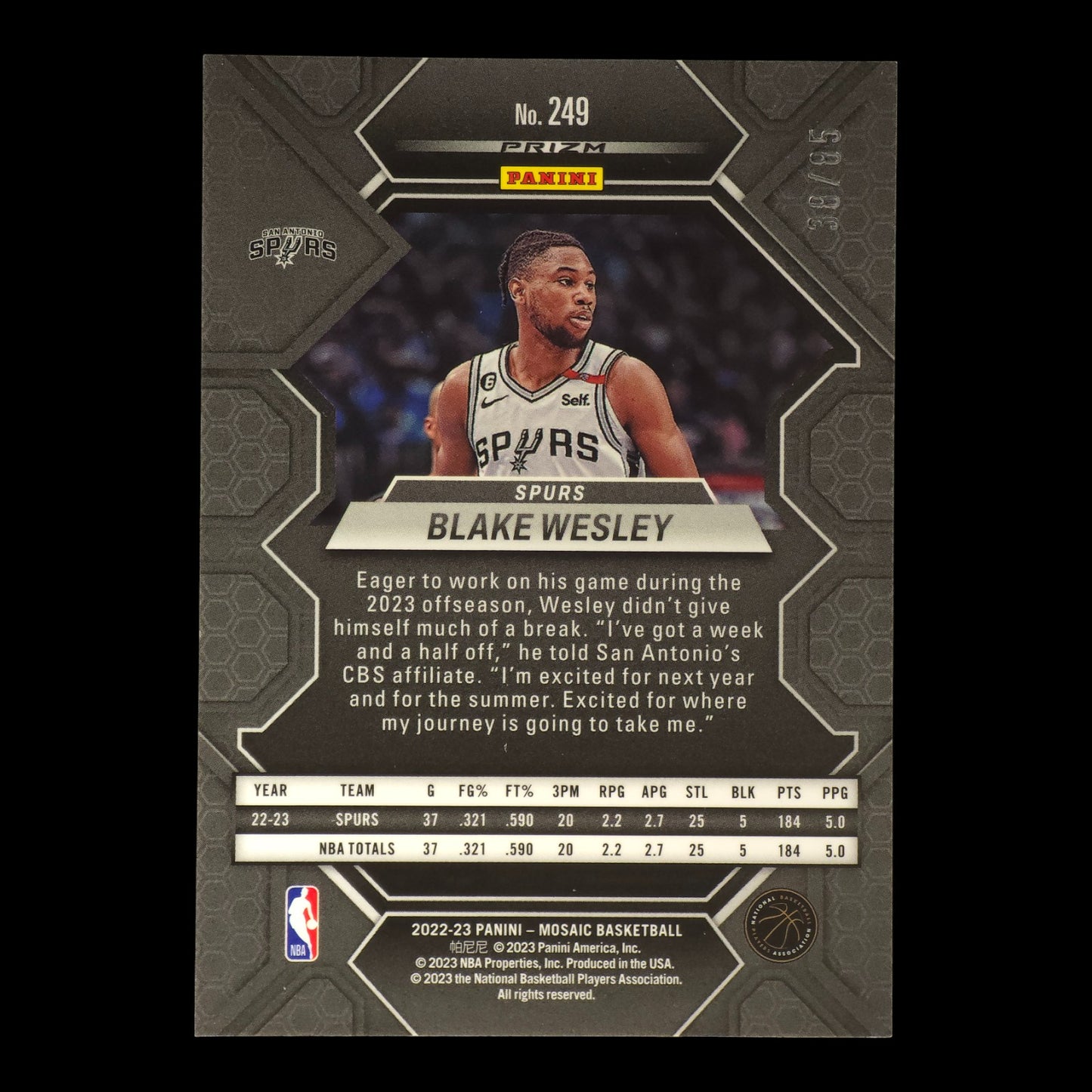 2022-23 BLAKE WESLEY Rookie Blue Disco 38/85 Mosaic Spurs #249
