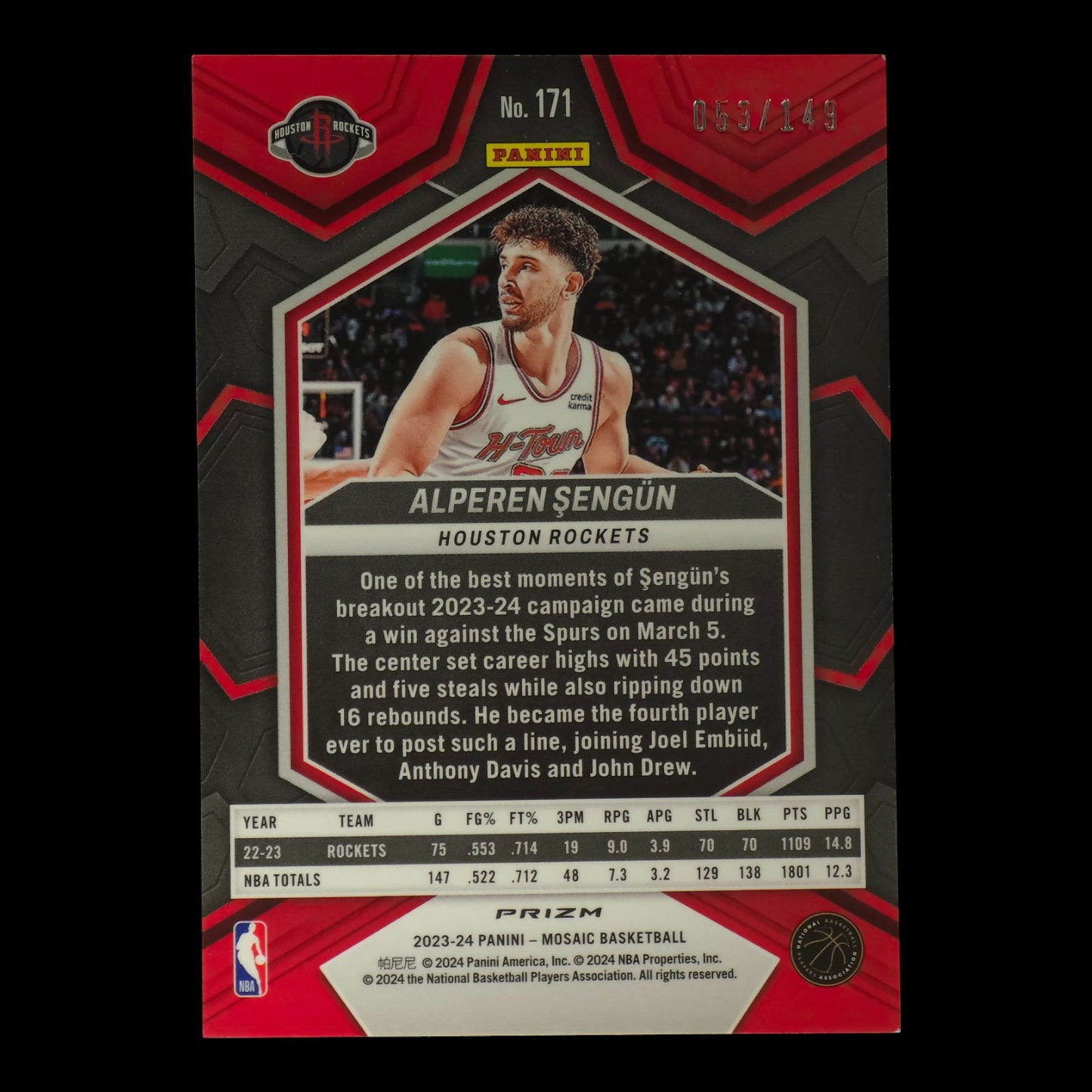 2023-24 ALPEREN SENGUN Pink 53/149 Mosaic Rockets #171