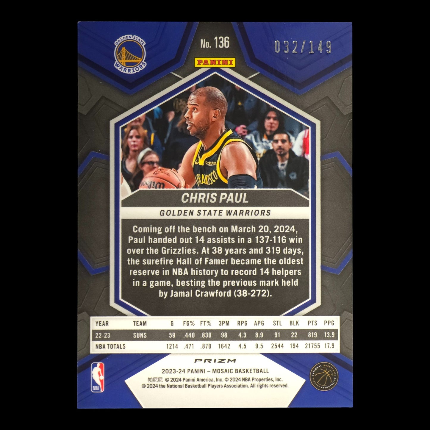 2023-24 CHRIS PAUL Pink 32/149 Mosaic Warriors #136