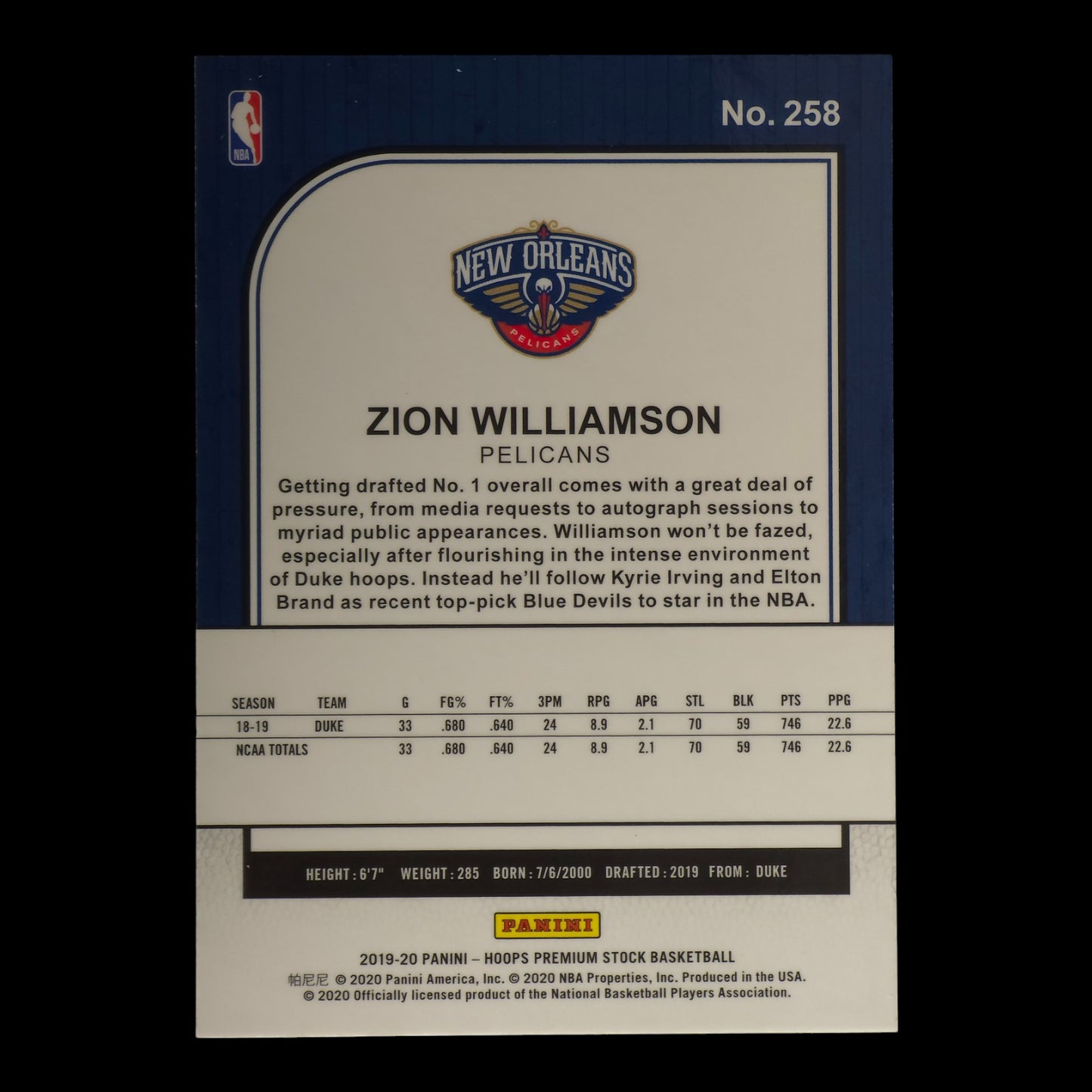 2019-20 ZION WILLIAMSON Rookie Hoops Premium Stock #258