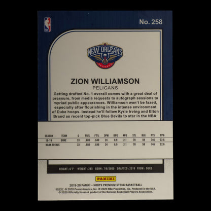 2019-20 ZION WILLIAMSON Rookie Hoops Premium Stock #258