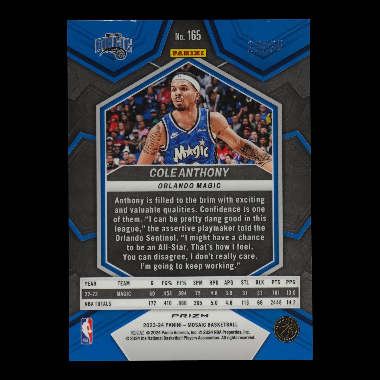 2023-24 COLE ANTHONY Red 27/75 Mosaic International Magic #165
