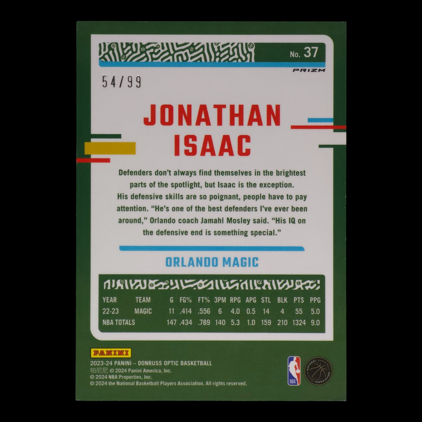 2023-24 JONATHAN ISAAC Purple Disco 54/99 Optic Magic #37