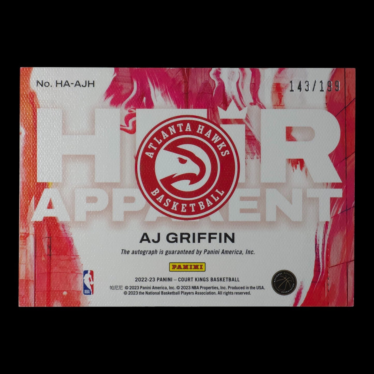 2022-23 AJ GRIFFIN Rookie Heir Apparent 143/199 Court Kings Hawks HA-AJH