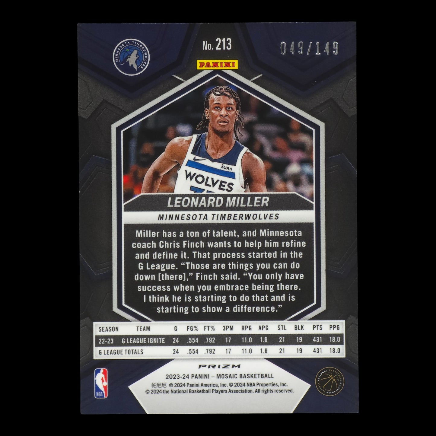 2023-24 LEONARD MILLER Rookie Pink 49/149 Mosaic #213