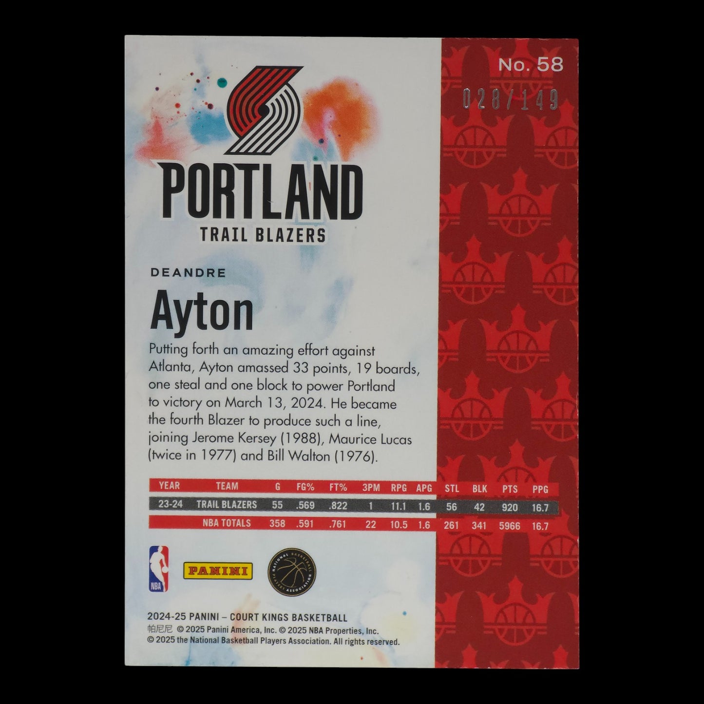 2024-25 DEANDRE AYTON Red 28/149 Court Kings #58