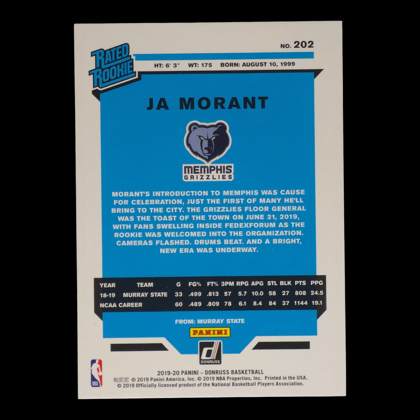 2019-20 JA MORANT Rated Rookie Donruss Grizzlies #202