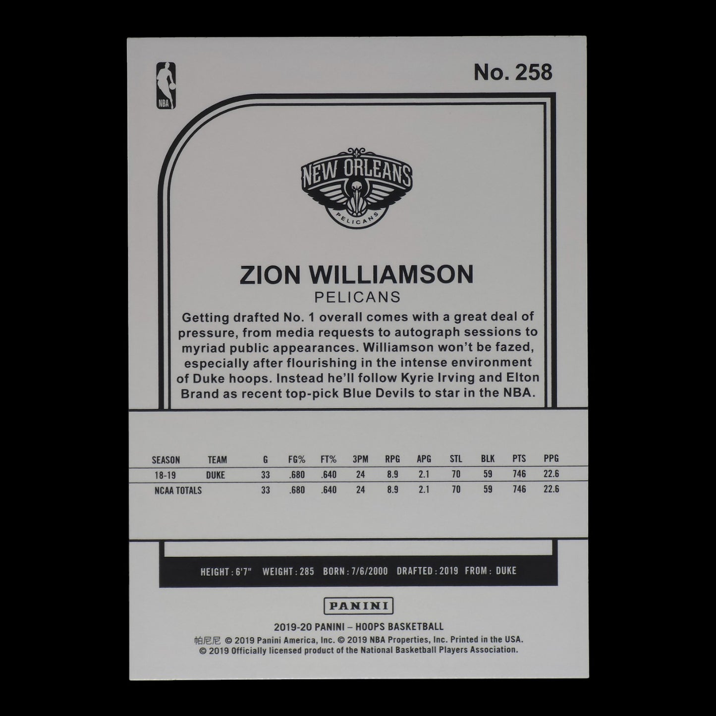 2019-20 ZION WILLIAMSON Rookie  Hoops Pelicans #258