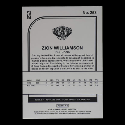 2019-20 ZION WILLIAMSON Rookie  Hoops Pelicans #258