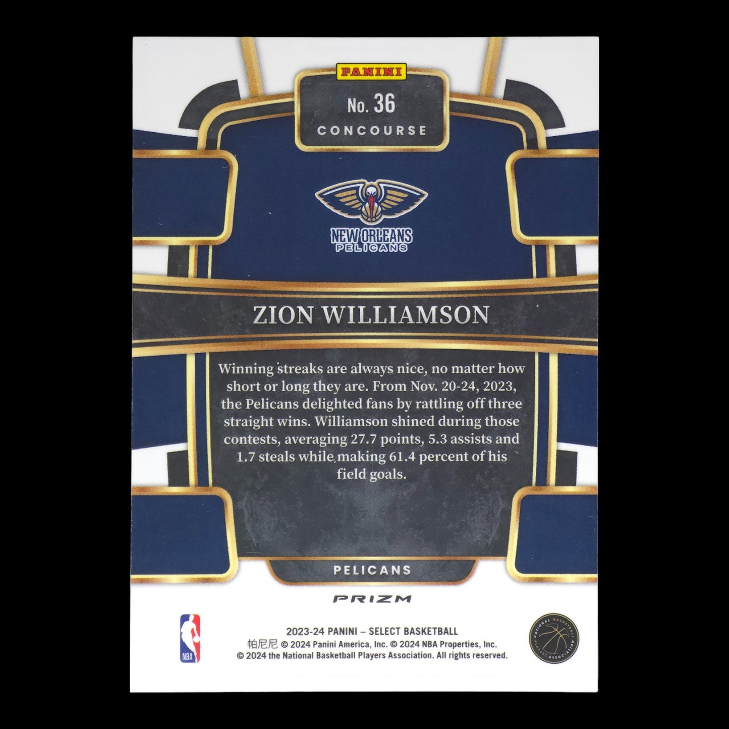 2023-24 ZION WILLIAMSON Concourse Green, White Purple Select Pelicans #36