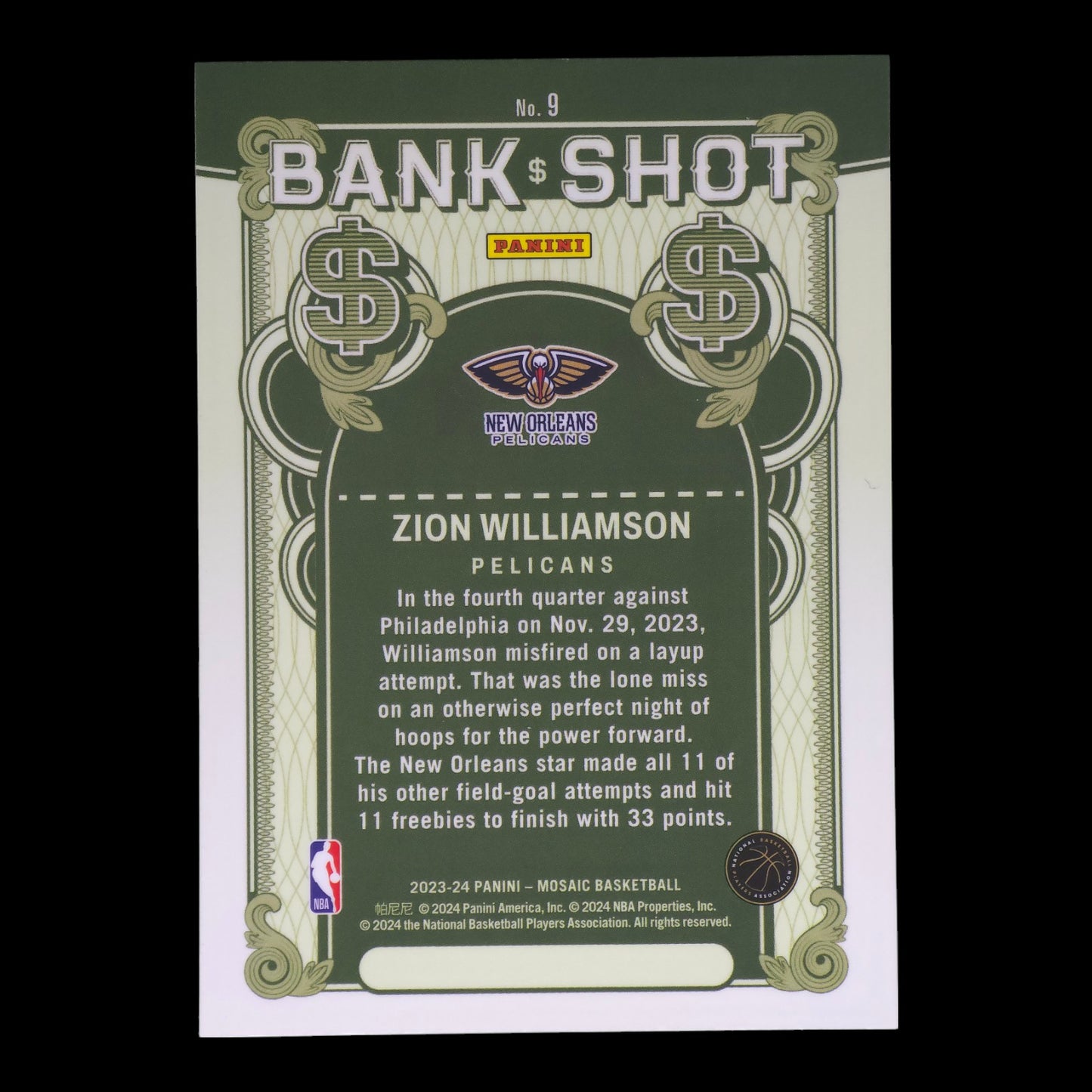 2023-24 ZION WILLIAMSON Bank Shot Mosaic Pelicans #9-1