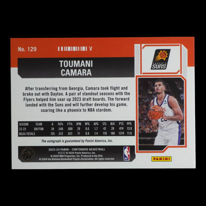 2023-24 TOUMANI CAMARA Rookie Ticket On card Autograph Contenders Suns #129