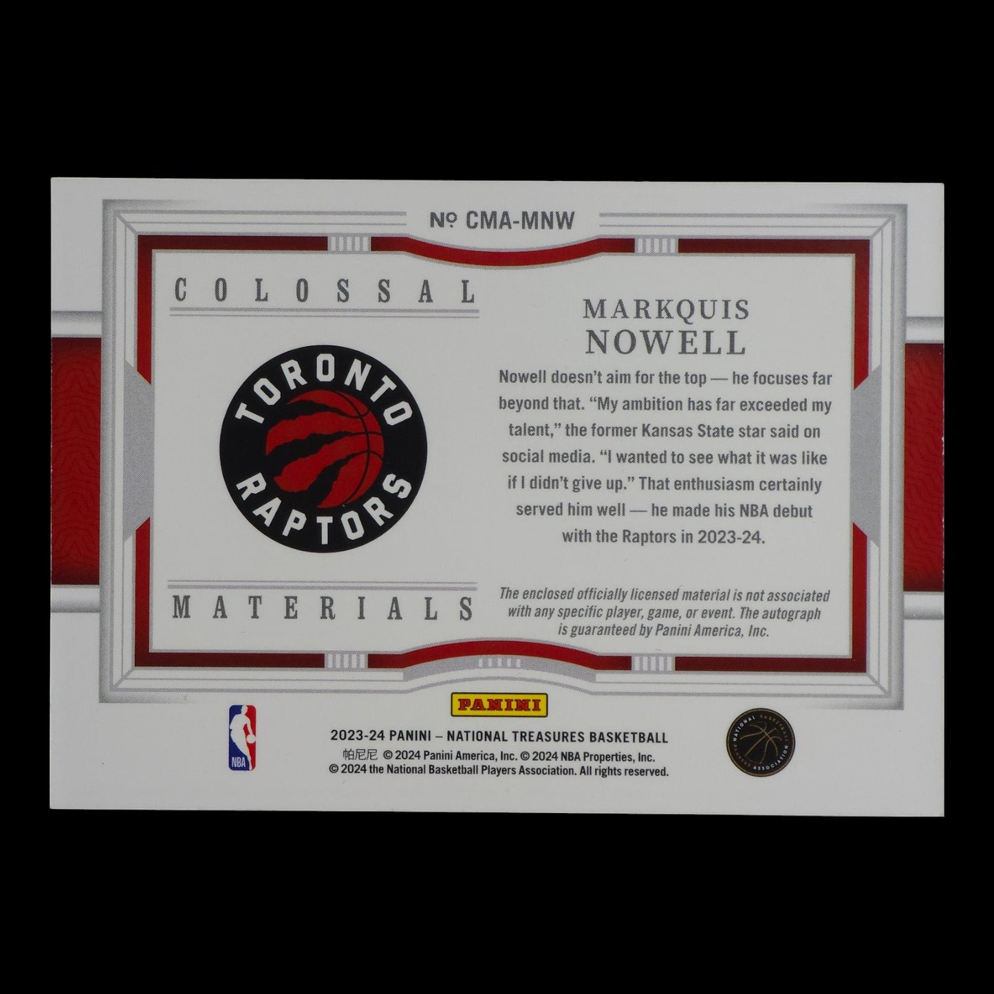 2023-24 MARKQUIS NOWELL Colossal Materials RPA 07/49 National Treasures CMA-MNW