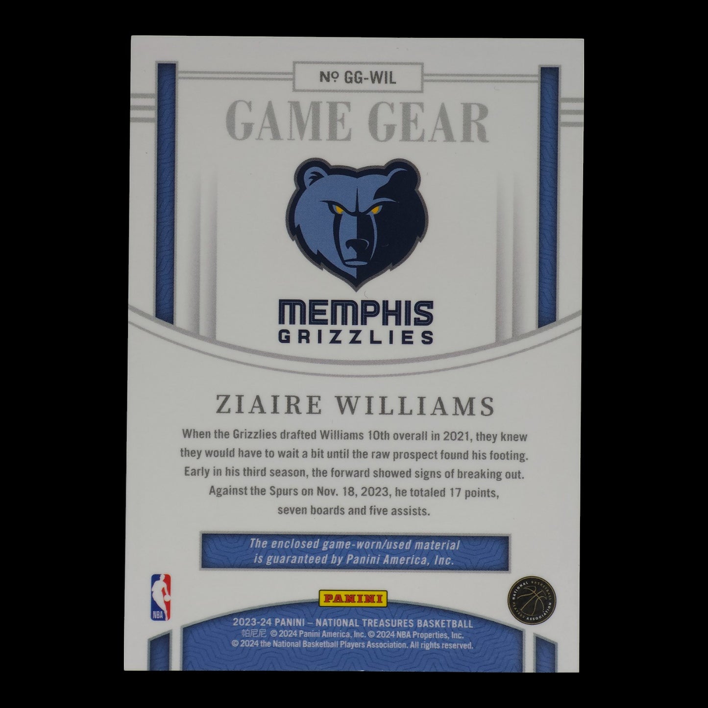 2023-24 ZIAIRE WILLIAMS Game Gear Game Worn 63/99 National Treasures GG-WIL