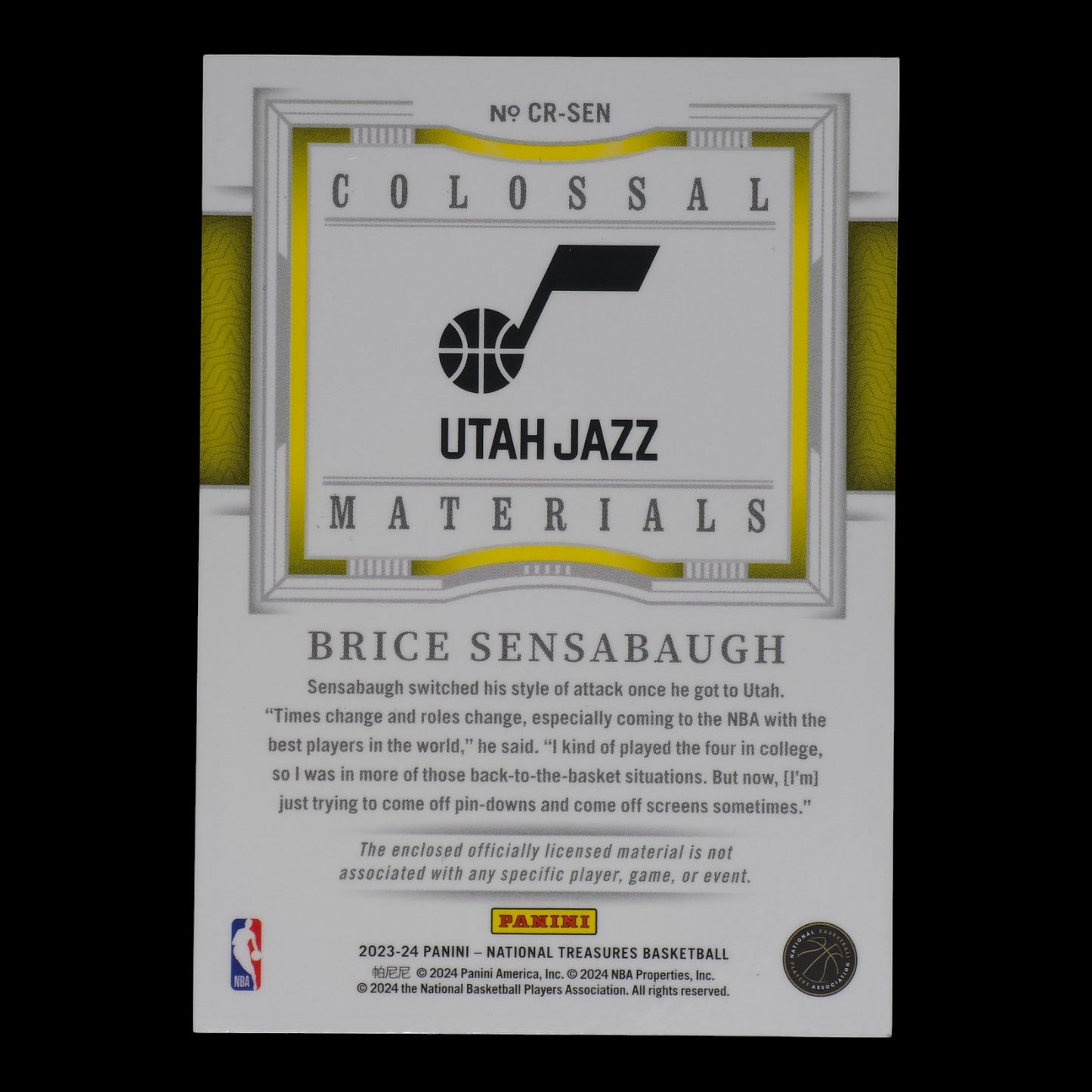 2023-24 BRICE SENSABAUGH Colossal Materials 14/99 National Treasures Jazz CR-SEN