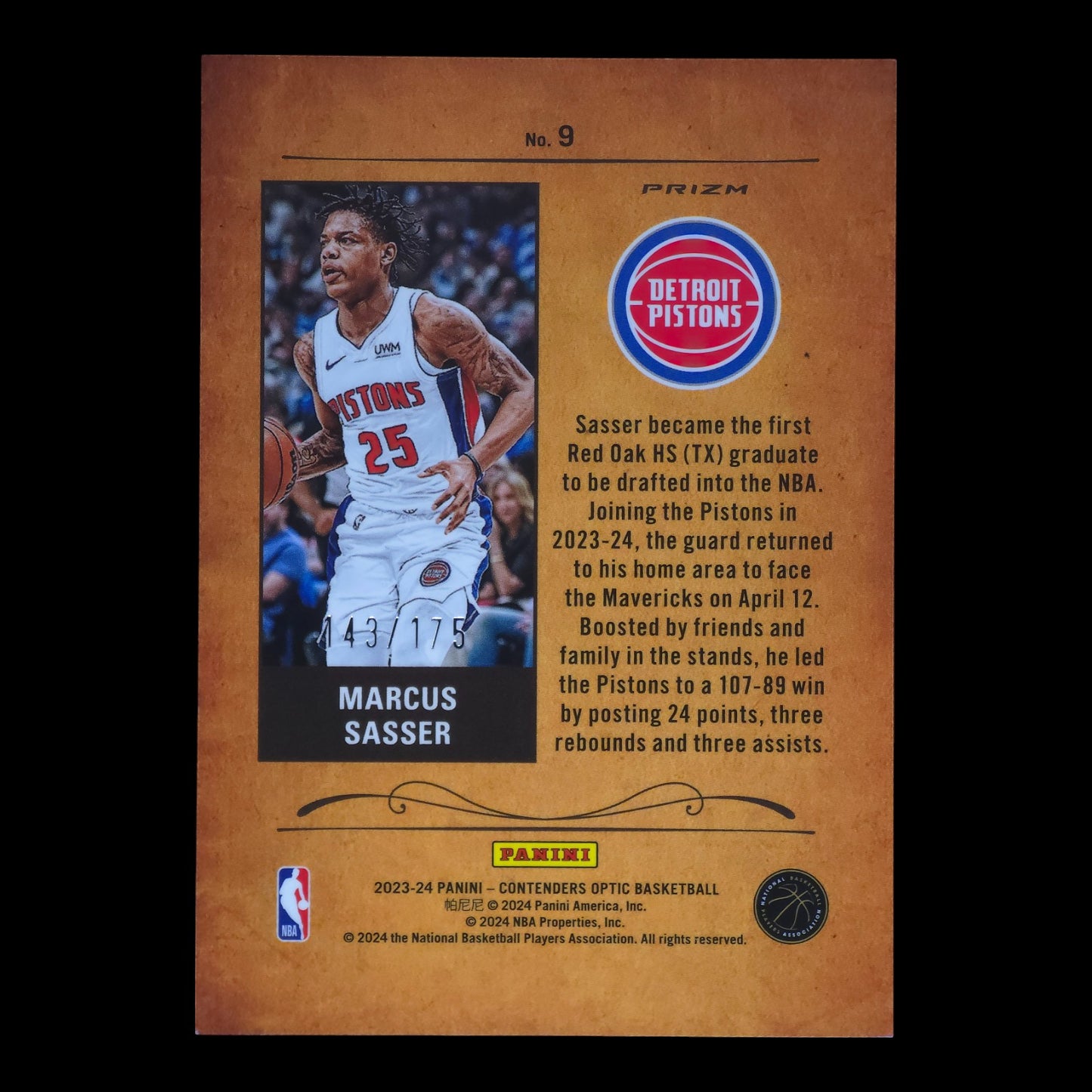 2023-24 MARCUS SASSER Rookie Roundup 143/175 SP Contenders Optic Pistons #9