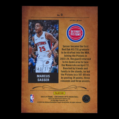 2023-24 MARCUS SASSER Rookie Roundup 143/175 SP Contenders Optic Pistons #9