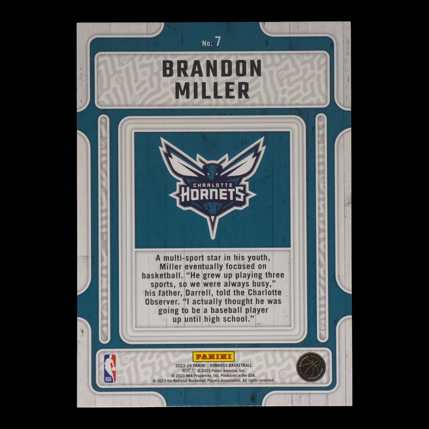 2023-24 BRANDON MILLER Hardwood Masters Purple Press Proof Donruss Hornets #7