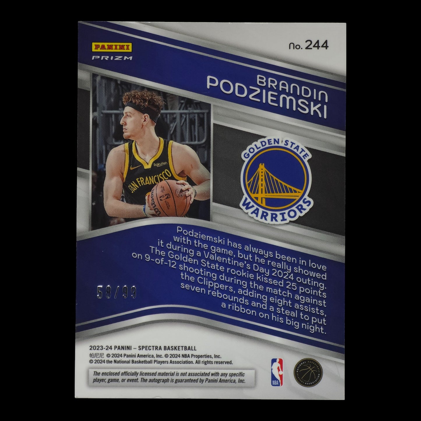2023-24 BRANDIN PODZIEMSKI RPA 58/99 Rookie Patch Auto Spectra Warriors #244