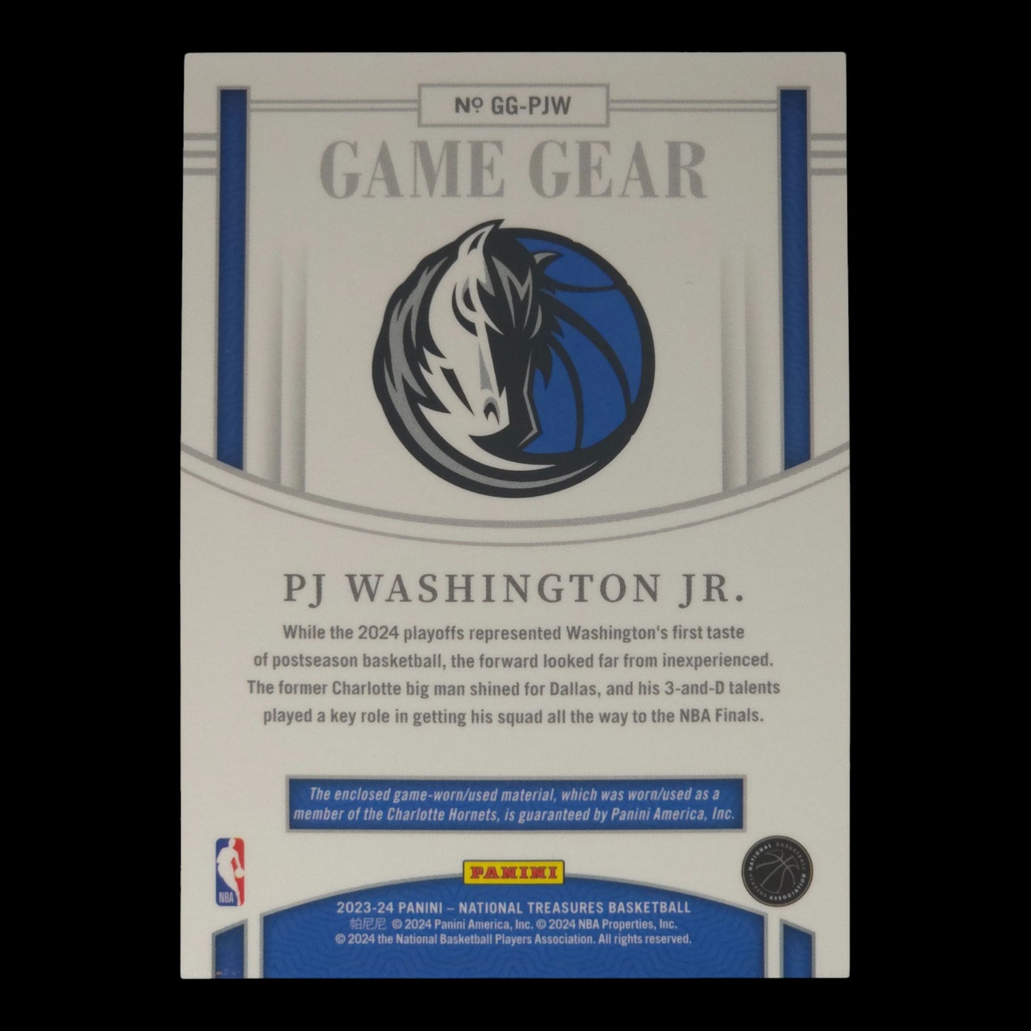 2023-24 PJ WASHINGTON JR. Game Gear 3/24 Game Worn National Treasures GG-PJW