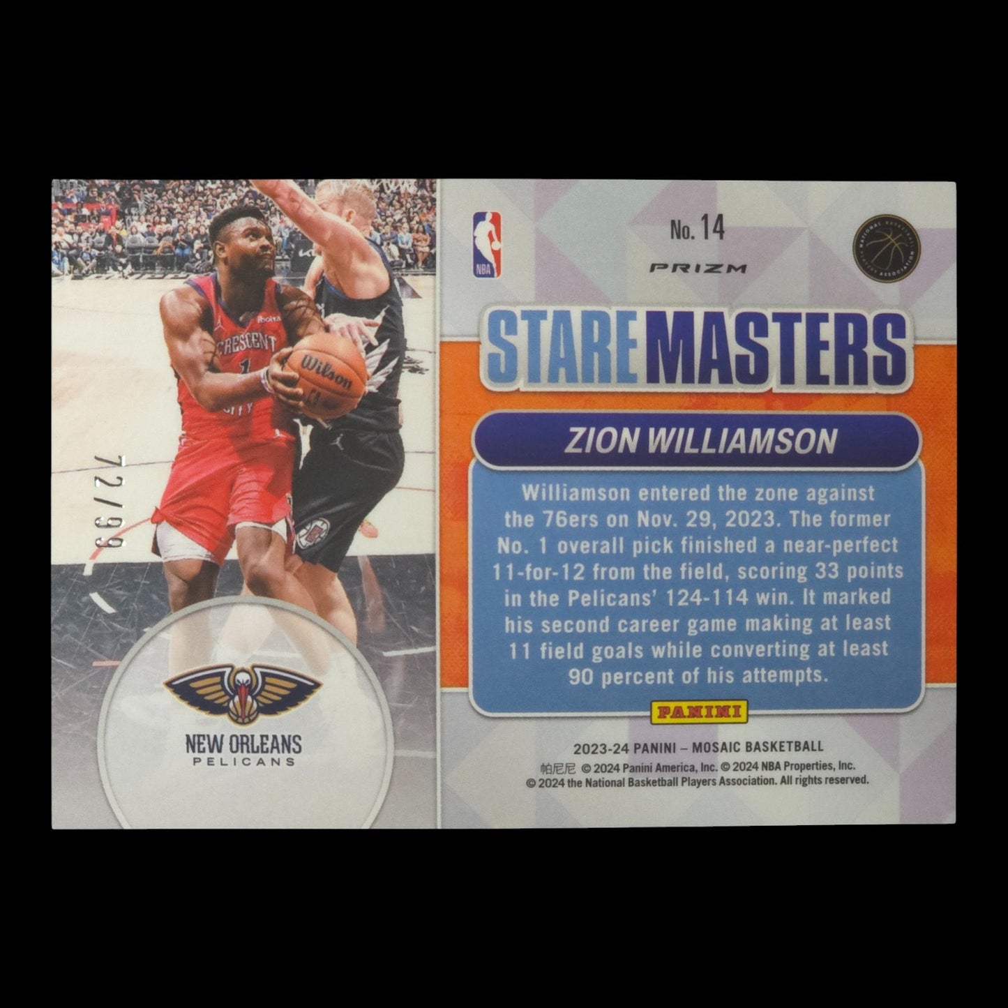 2023-24 ZION WILLIAMSON Stare Masters Orange 72/99 Mosaic Pelicans #14