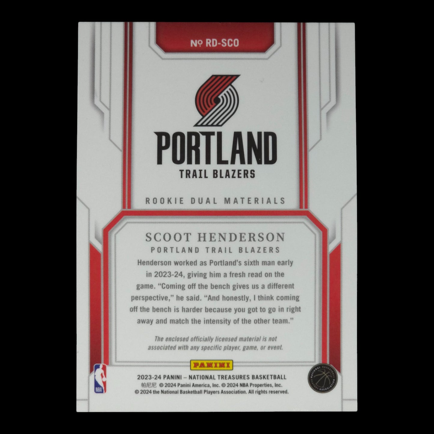 2023-24 SCOOT HENDERSON Rookie Dual Materials 7/99 National Treasures RD-SCO