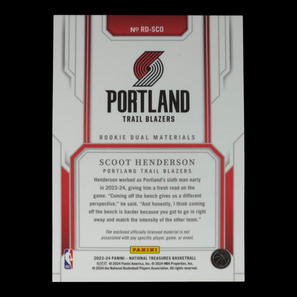 2023-24 SCOOT HENDERSON Rookie Dual Materials 7/99 National Treasures RD-SCO