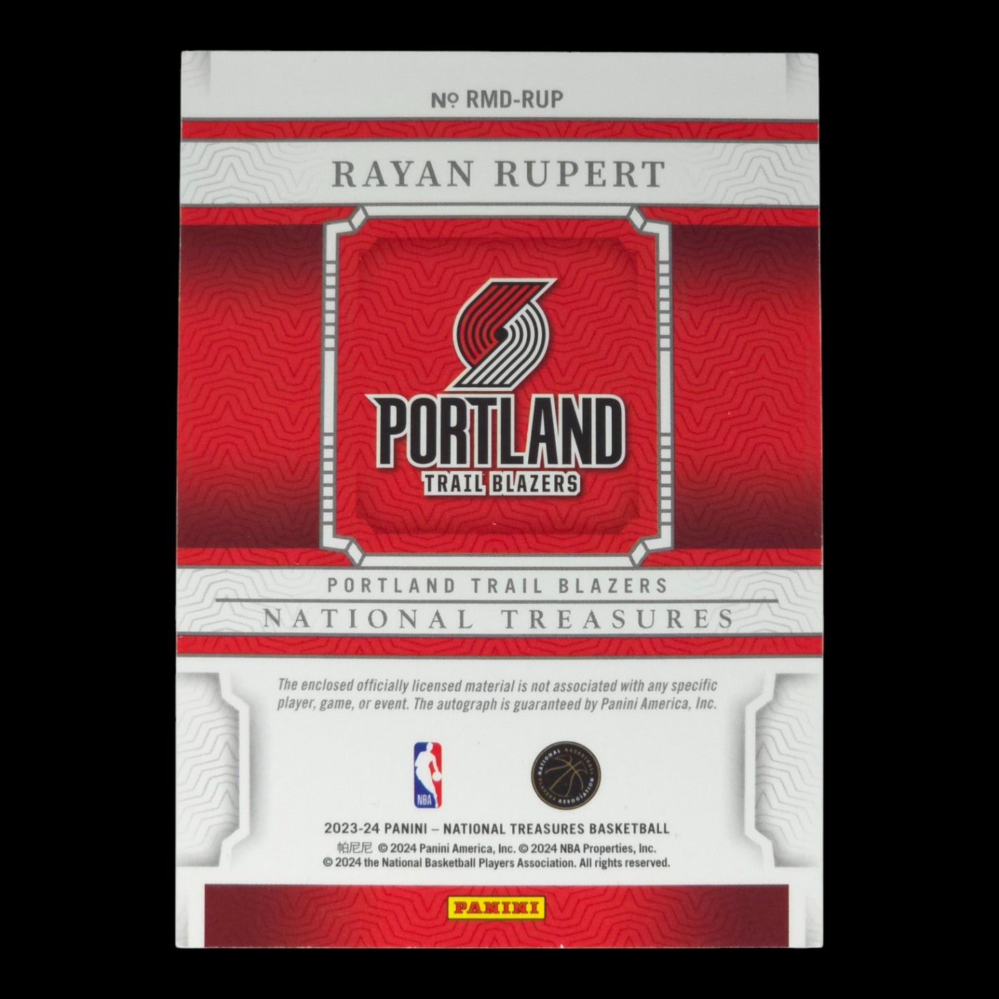 2023-24 RAYAN RUPERT RPA 24/99 On Card National Treasures Blazers RMD-RUP