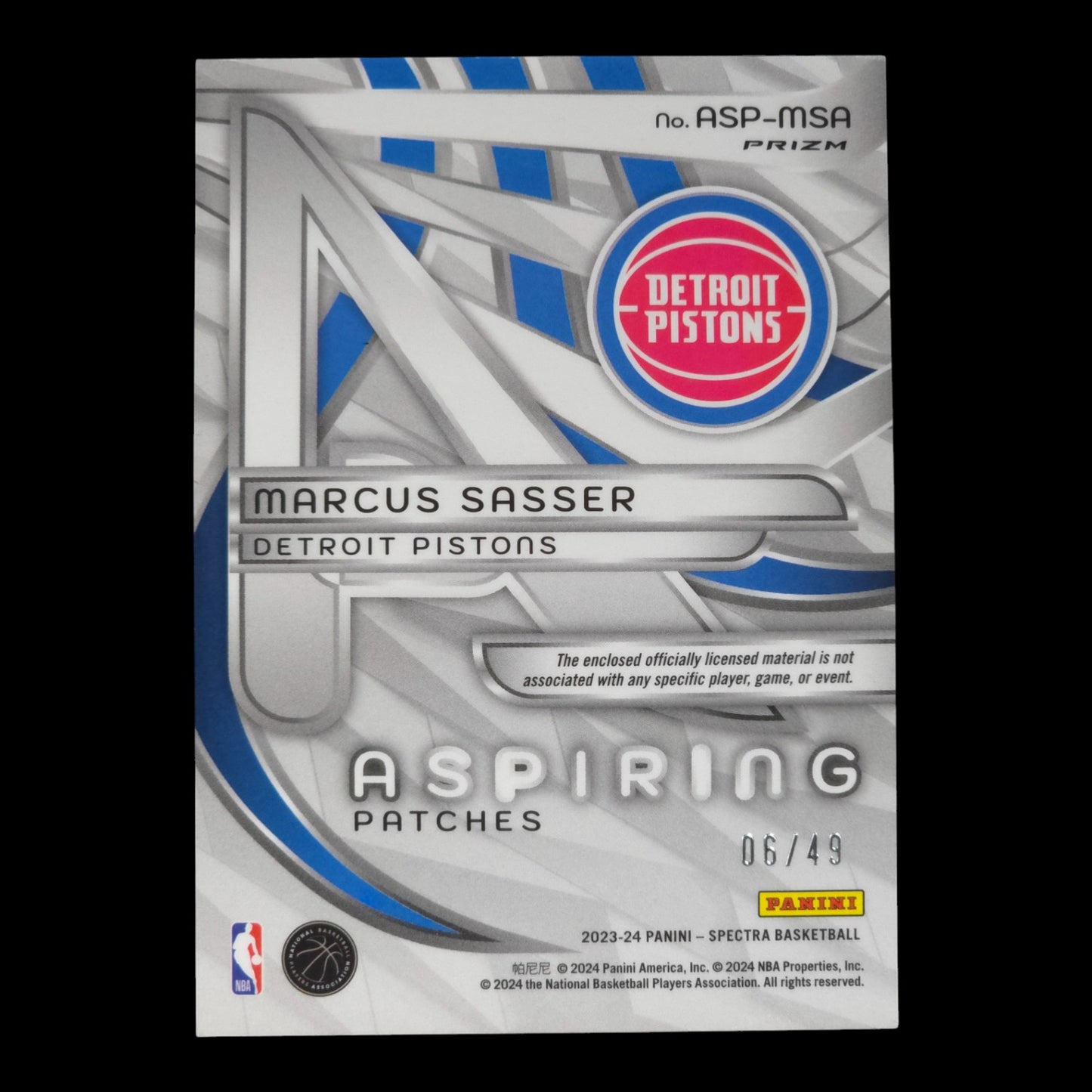 2023-24 MARCUS SASSER Aspiring Patches 6/49 Spectra Pistons ASP-MSA