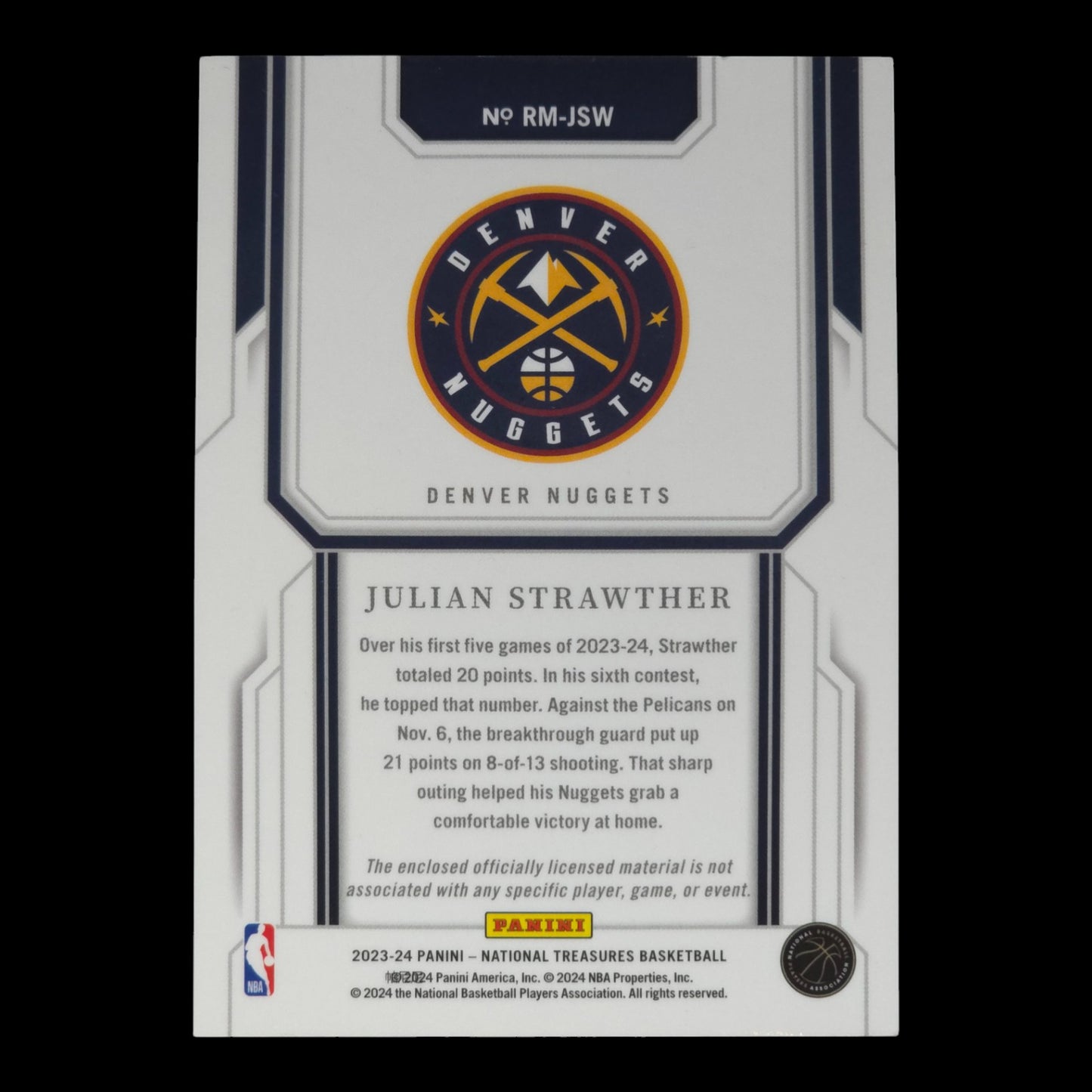 2023-24 JULIAN STRAWTHER Rookie Materials 17/24 National Treasures Nuggets RM-JSW