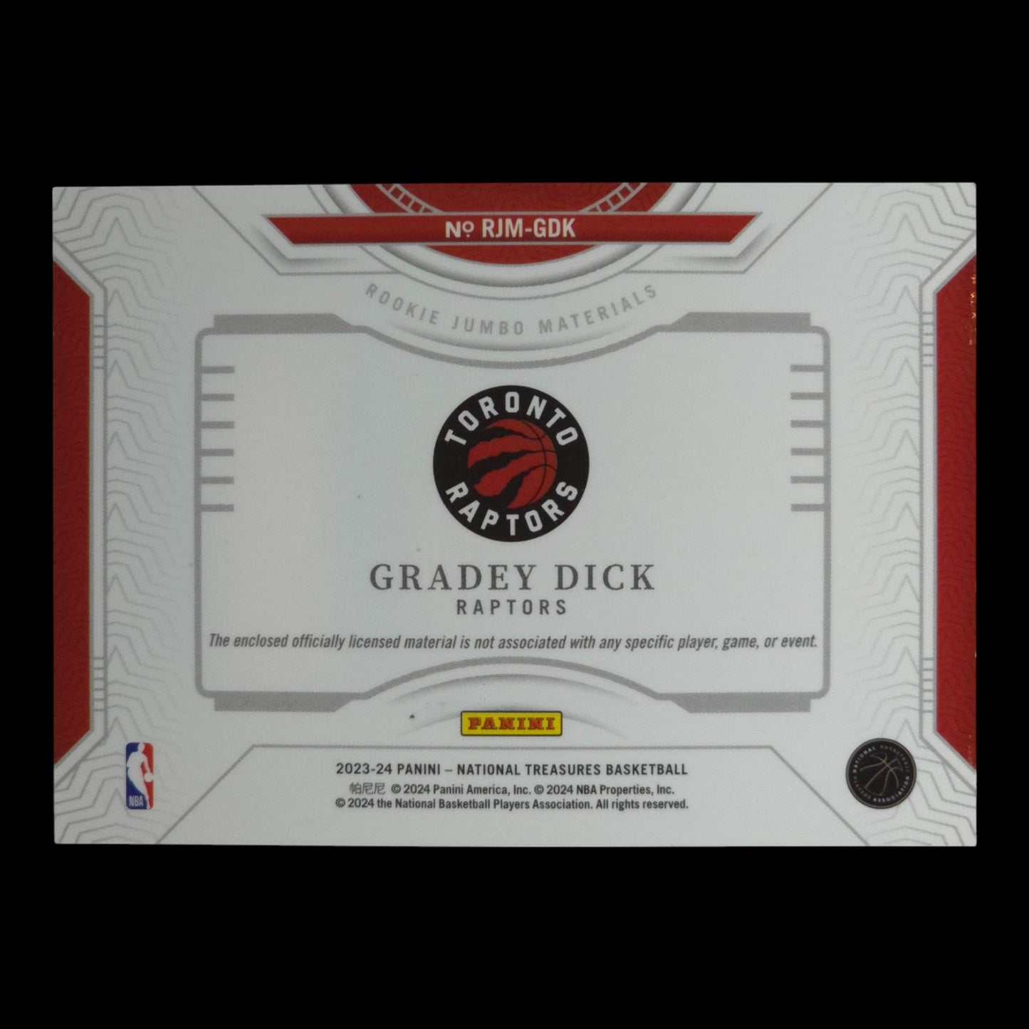 2023-24 GRADEY DICK Rookie Jumbo Materials 12/99 National Treasures RJM-GDK