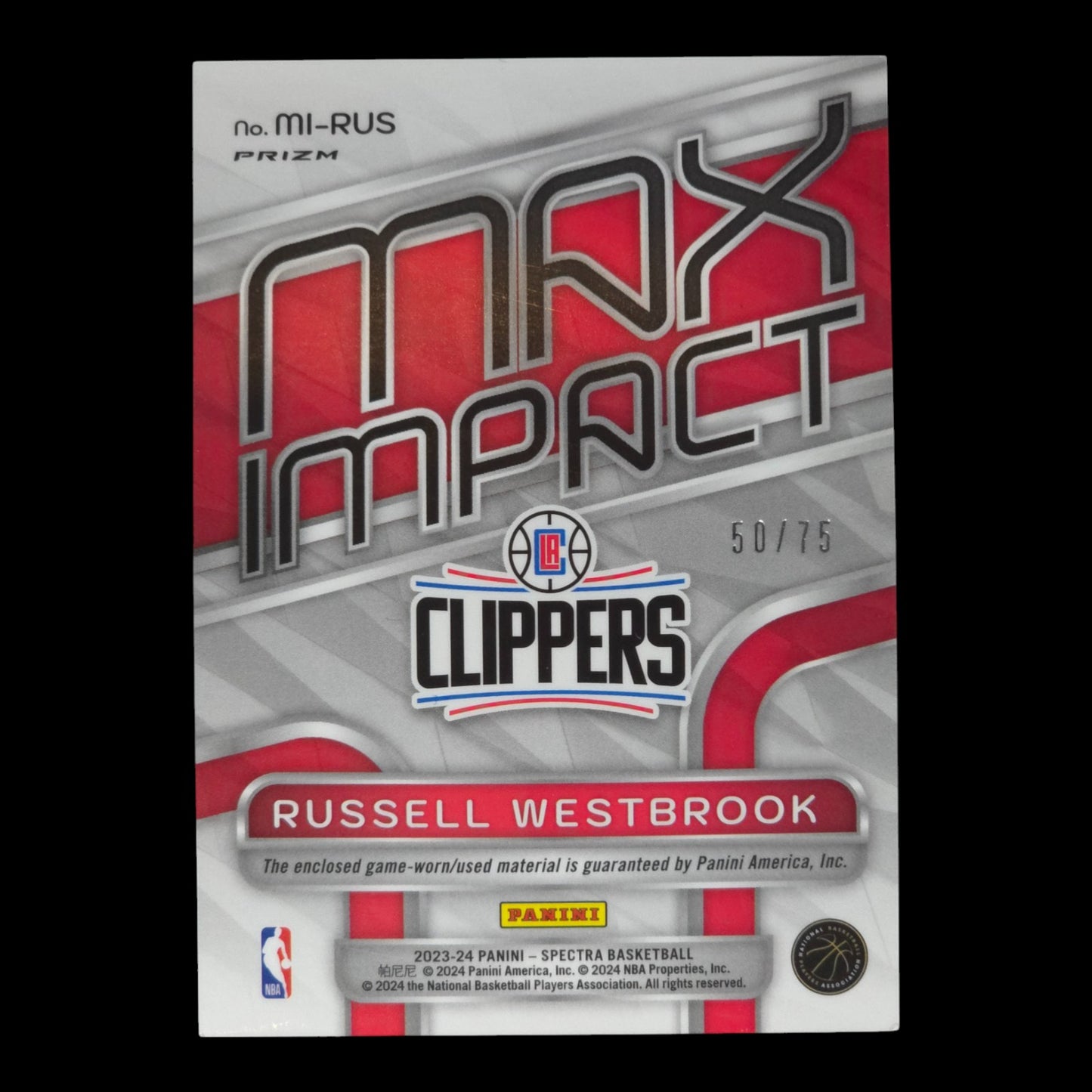 2023-24 RUSSELL WESTBROOK Max Impact 50/75 Game Worn Spectra Clippers MI-RUS