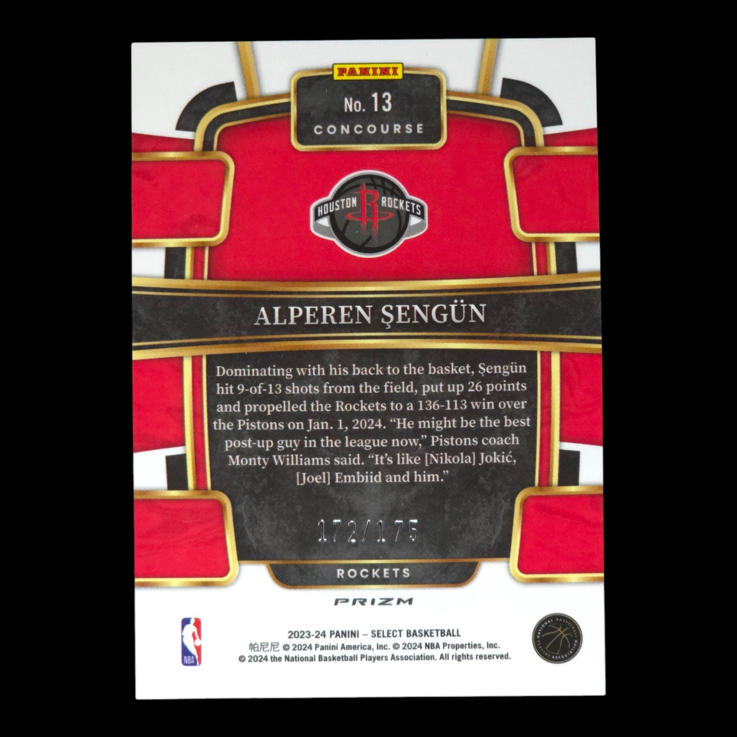 2023-24 ALPEREN SENGUN Concourse Maroon 172/175 Select Rockets #13