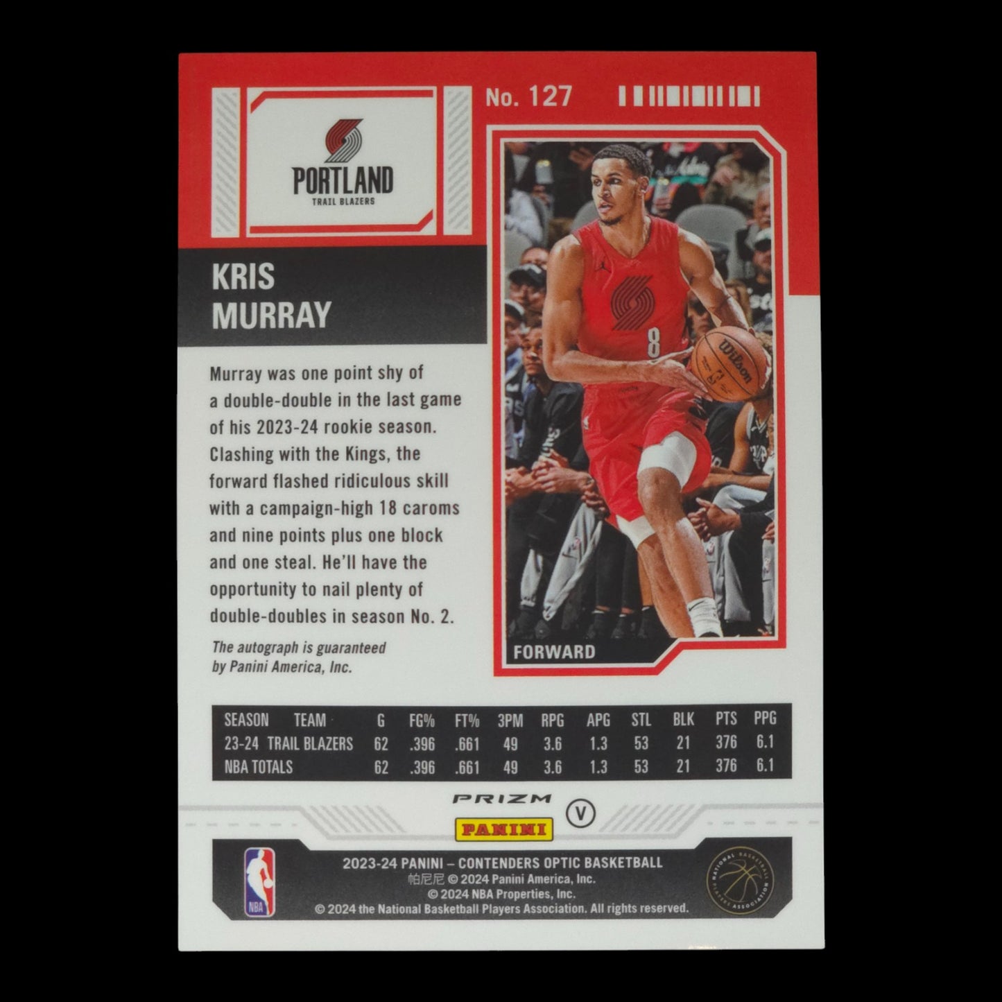 2023-24 KRIS MURRAY Rookie Ticket On Card Auto Optic Contenders Blazers #127